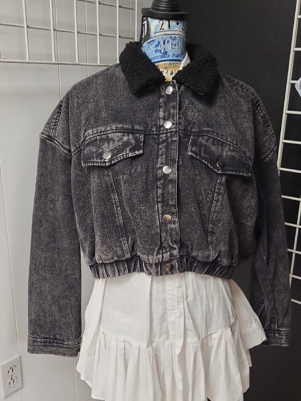 Highway Jeans Black Washed Sherpa Collar & Body, Cropped Denim Jacket, Size XL